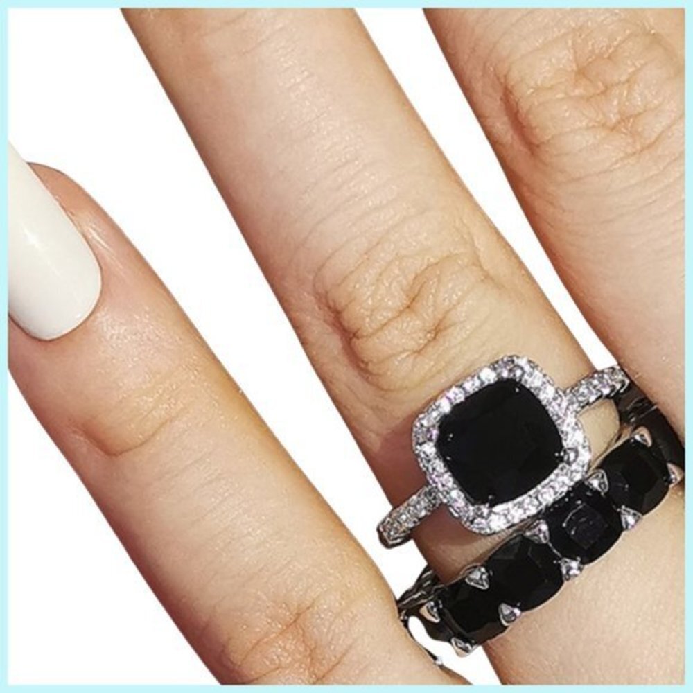 Sterling Silver Black Cushion Cut Halo Engagement & Eternity Wedding Ring SET